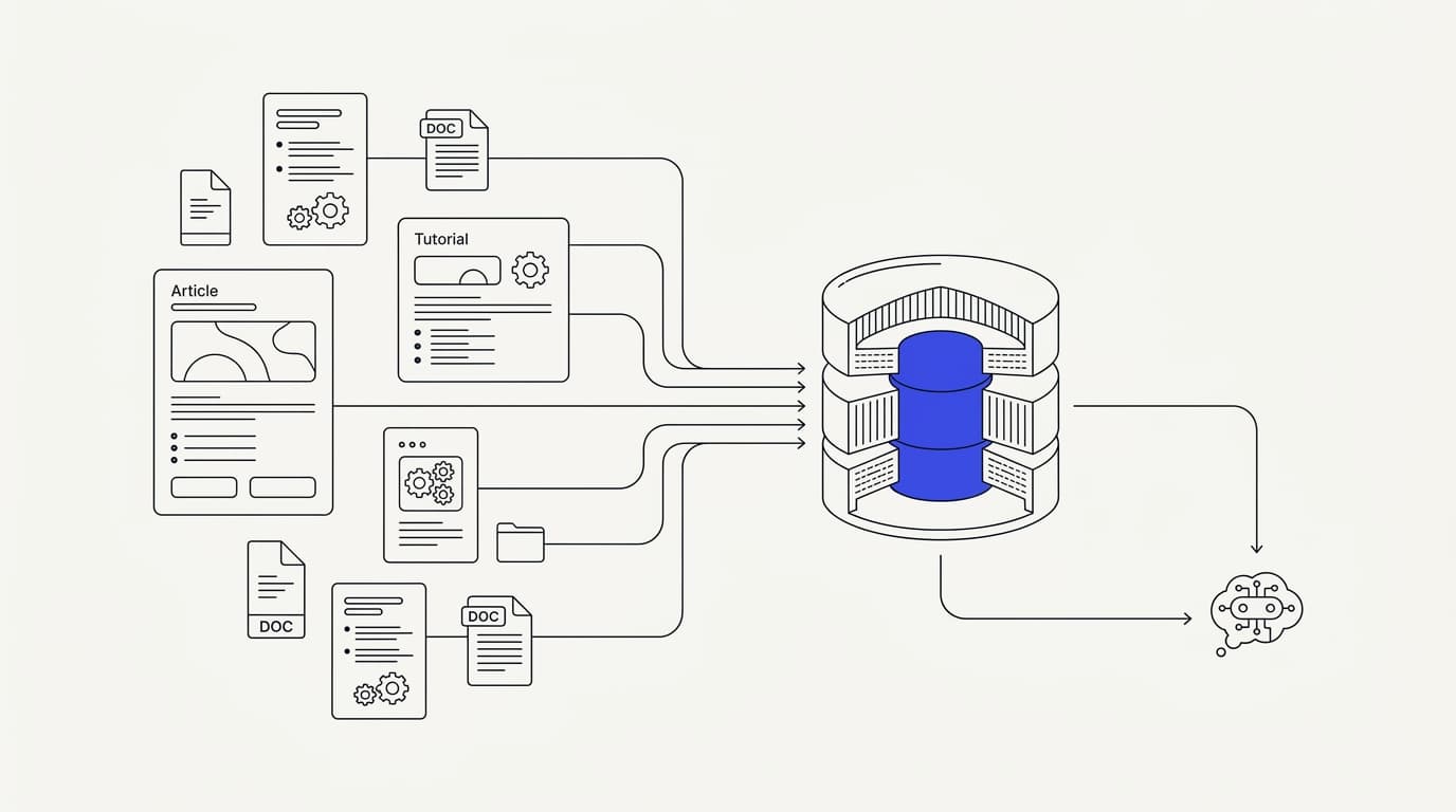 Line-art diagram of help-center articles and documents flowing into a retrieval knowledge base for a new AI support agent