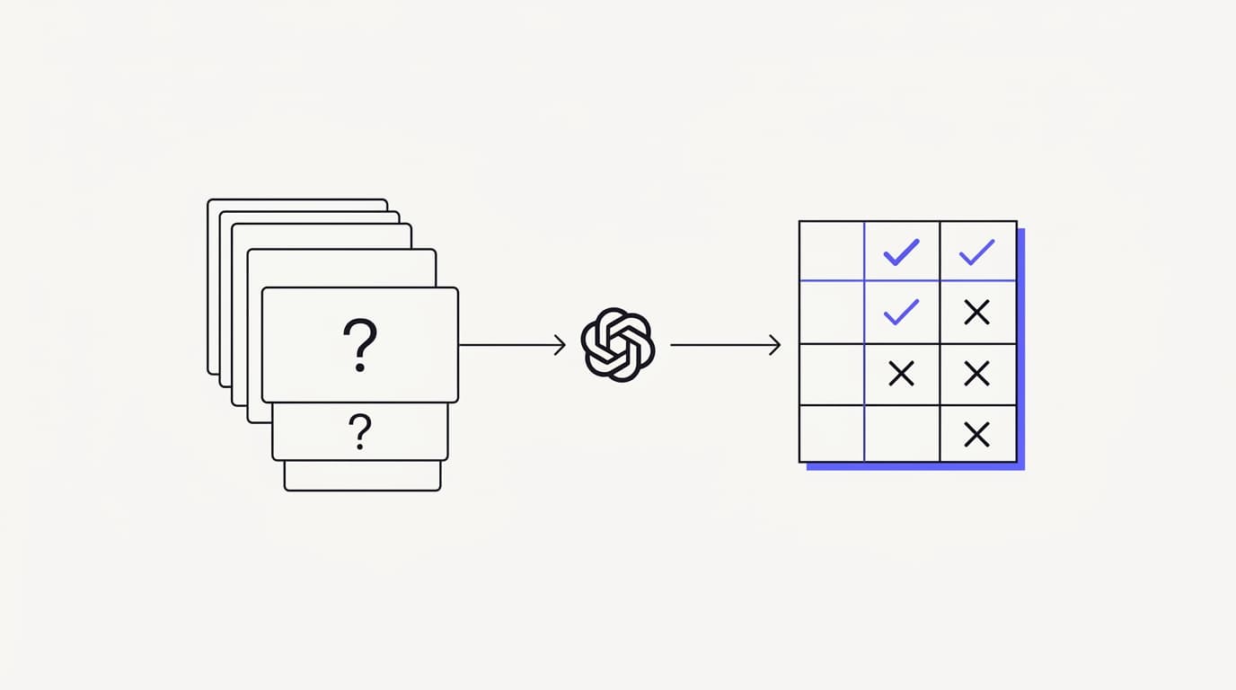 Line-art diagram of real support questions being run at an AI agent and scored for accuracy and correct escalation before launch