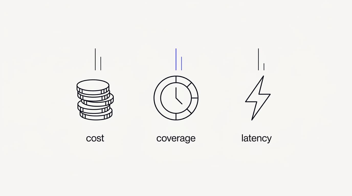 Line-art comparison of cost, coverage, and latency tradeoffs across live chat, AI agent, and hybrid support
