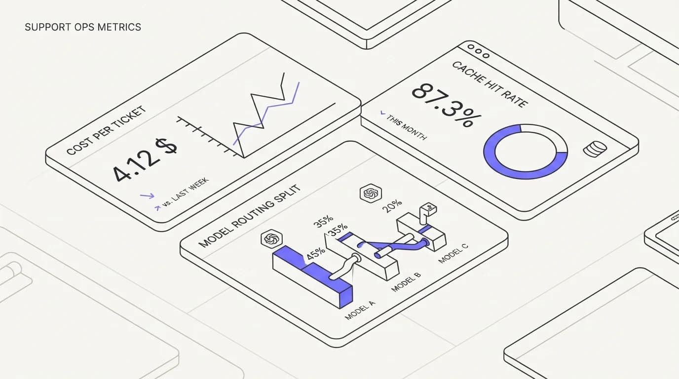 Dashboard mockup showing cost per resolved ticket, cache hit rate, and model routing split as tracked metrics
