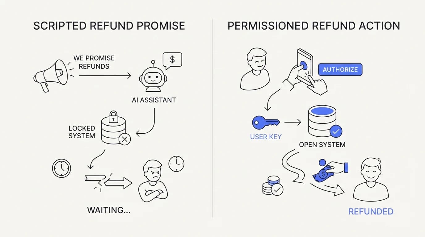 Contrasting a scripted refund promise with a real permissioned refund action