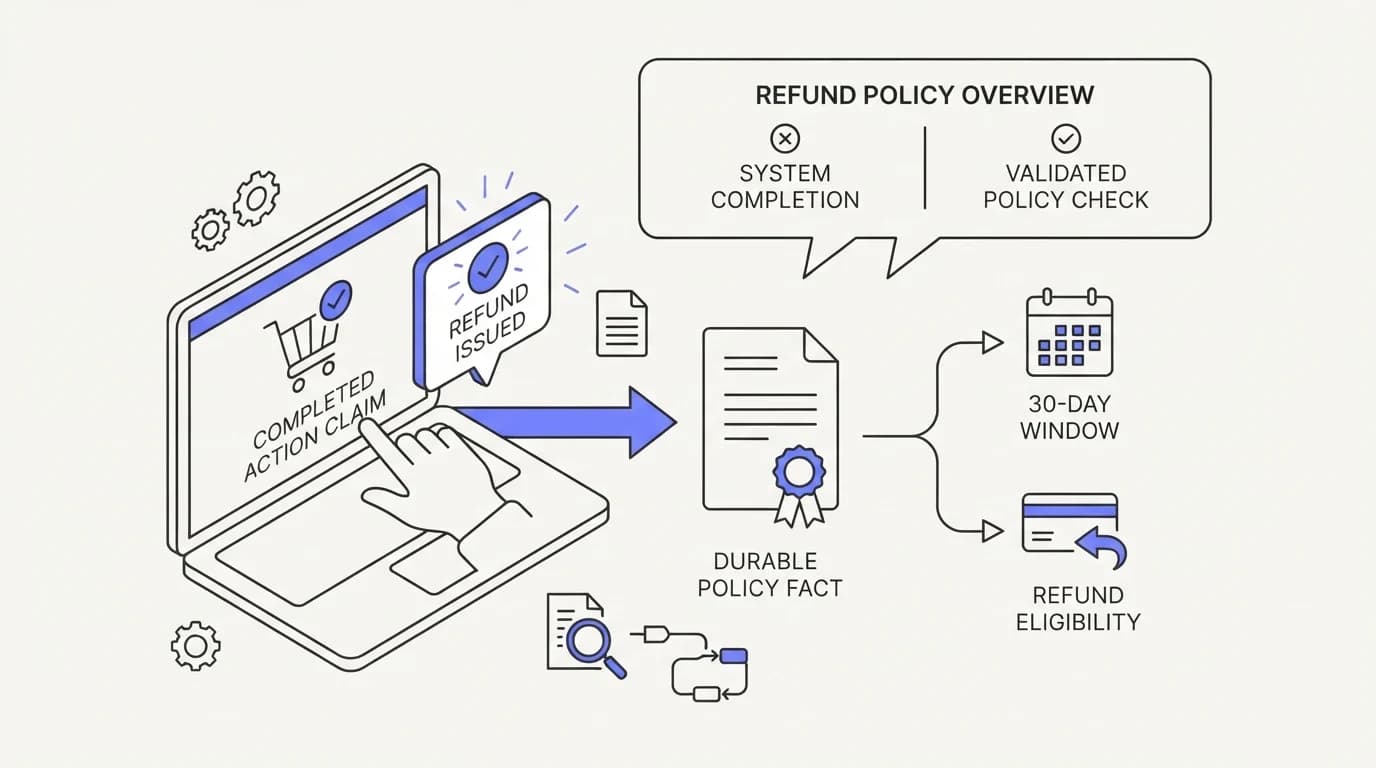Annotation of a refund macro highlighting the durable policy fact against the completed-action claim
