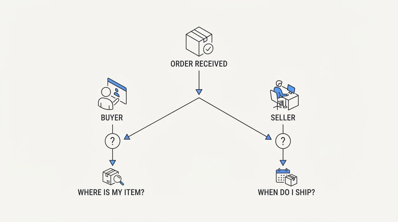 One order event branching into a buyer question and an opposite seller question