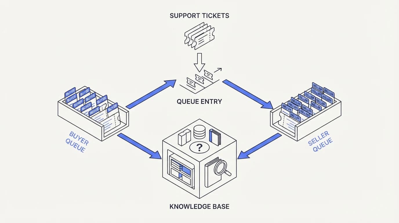 A single support queue splitting into tagged buyer and seller queues feeding one shared knowledge base
