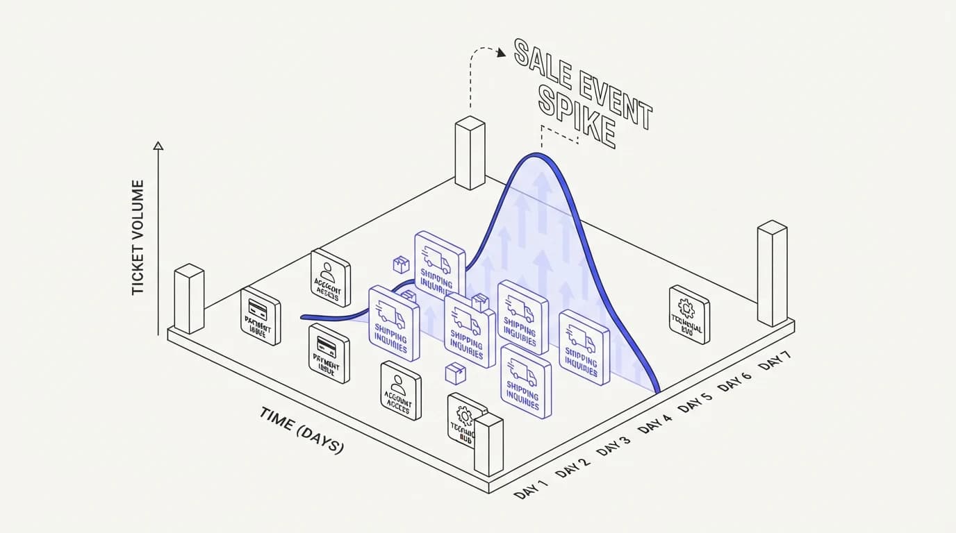 A support ticket volume spike during a sale event with shipping-status tickets dominating the peak