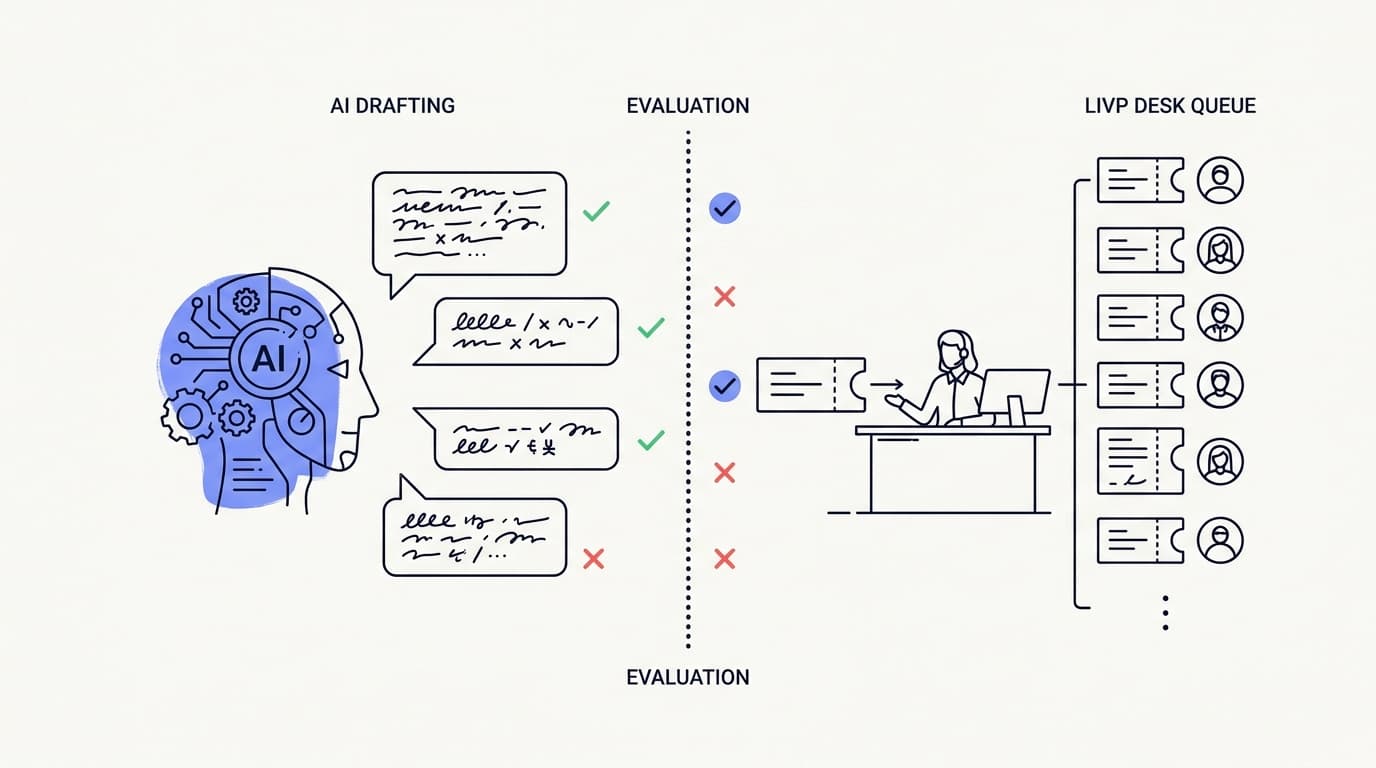 Line-art illustration of an AI agent drafting answers alongside a live helpdesk queue during a parallel evaluation period