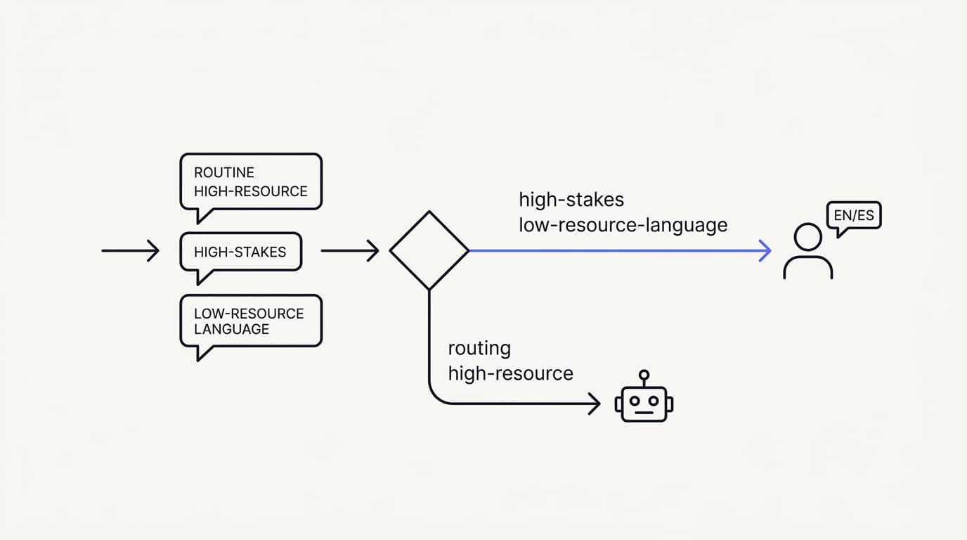 Line-art diagram showing high-stakes and low-resource-language conversations routing to a native-speaker human while routine ones stay automated