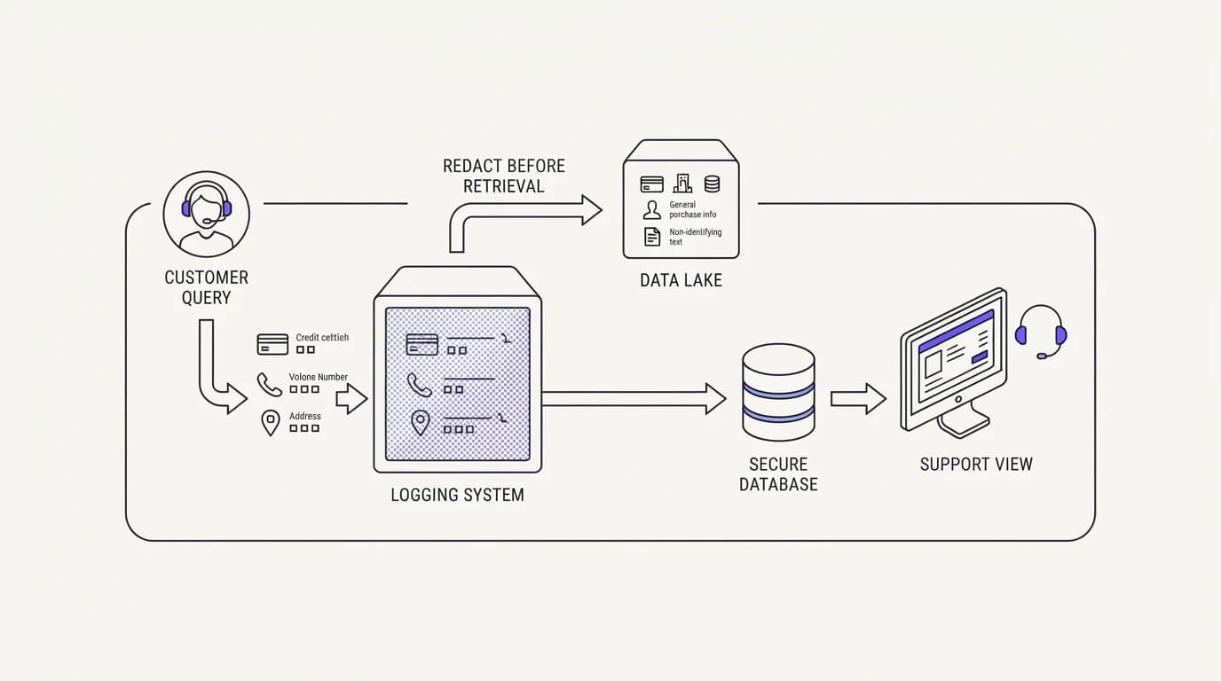 PII redaction for customer support: redact before retrieval, not after logging