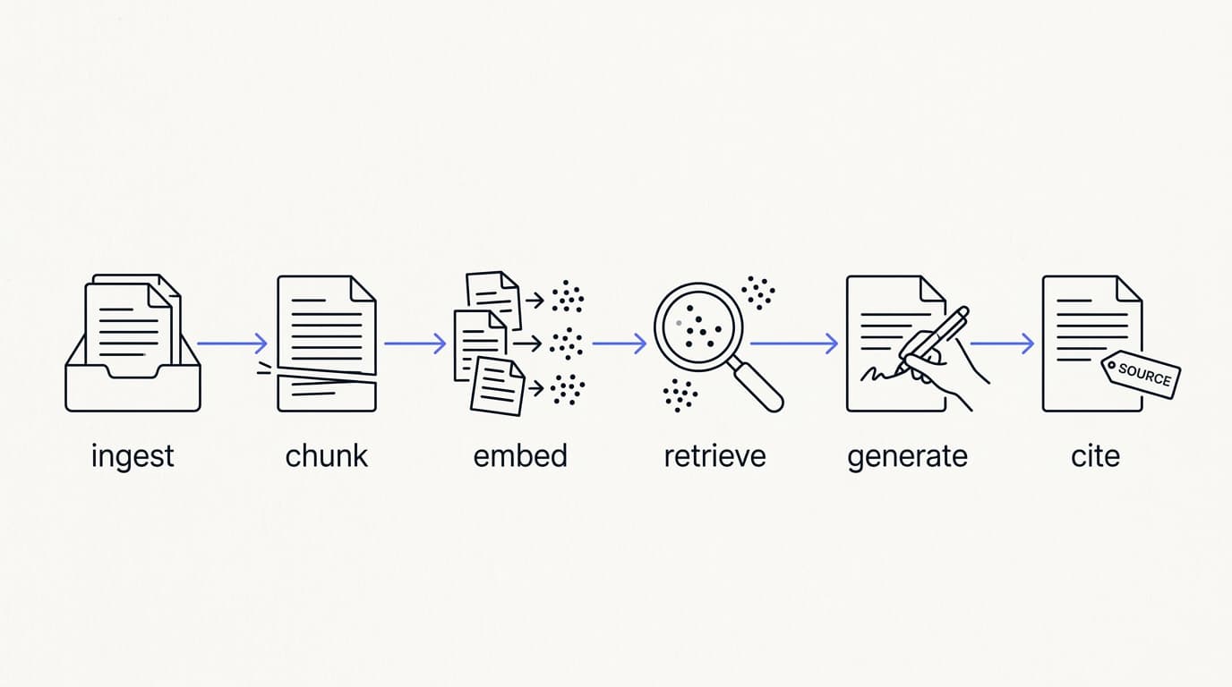Line-art flow of the RAG pipeline from ingest and chunk to embed, retrieve, generate, and cite