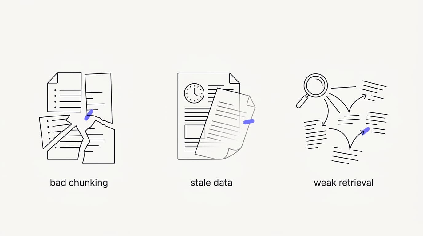 Line-art illustration of common RAG failure points including bad chunking, stale data, and weak retrieval