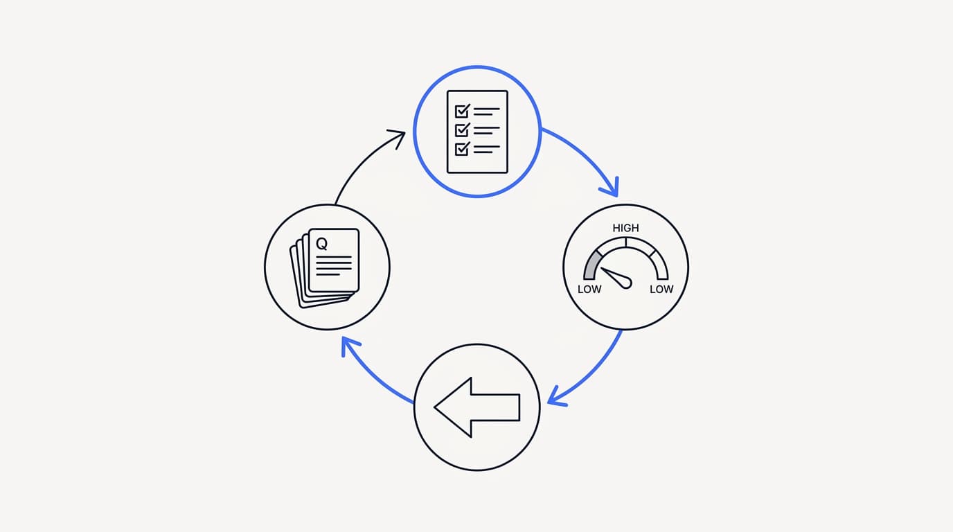 Line-art view of a testing and monitoring loop scoring AI answers against real support questions