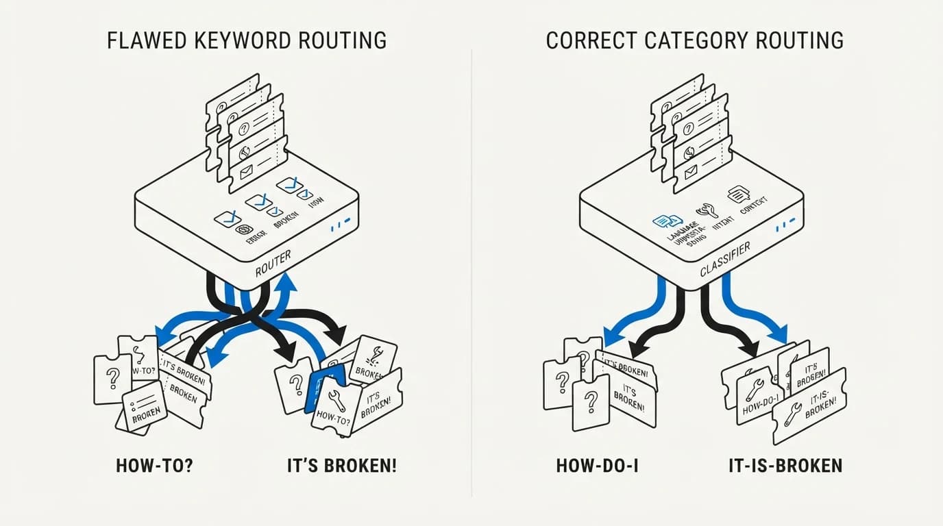 A flawed keyword-based router next to a correct category-based router splitting tickets by how-do-I versus it-is-broken