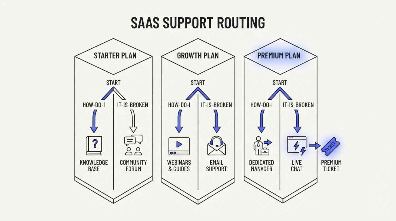 A tiered SaaS product with separate how-do-I and it-is-broken routing lanes for each plan tier