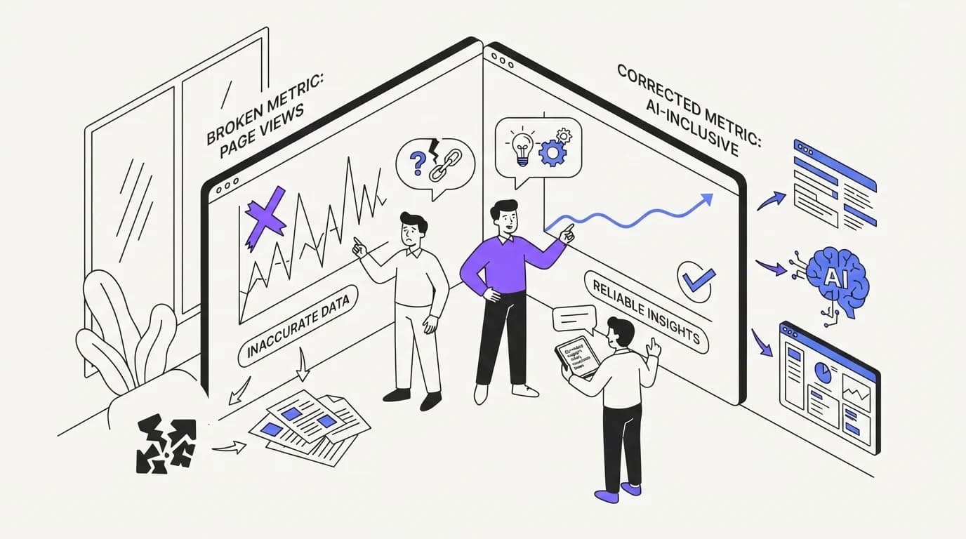 A support team comparing a broken page-view metric against a corrected AI-inclusive metric