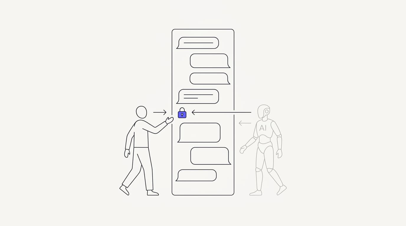 Line-art diagram of a conversation locking to human mode the moment a support agent opens it, with the AI stepping back
