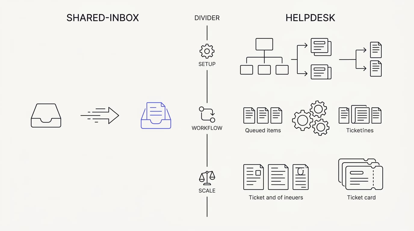 Line-art comparison splitting a lightweight shared inbox from a heavy helpdesk across setup, workflow, and scale