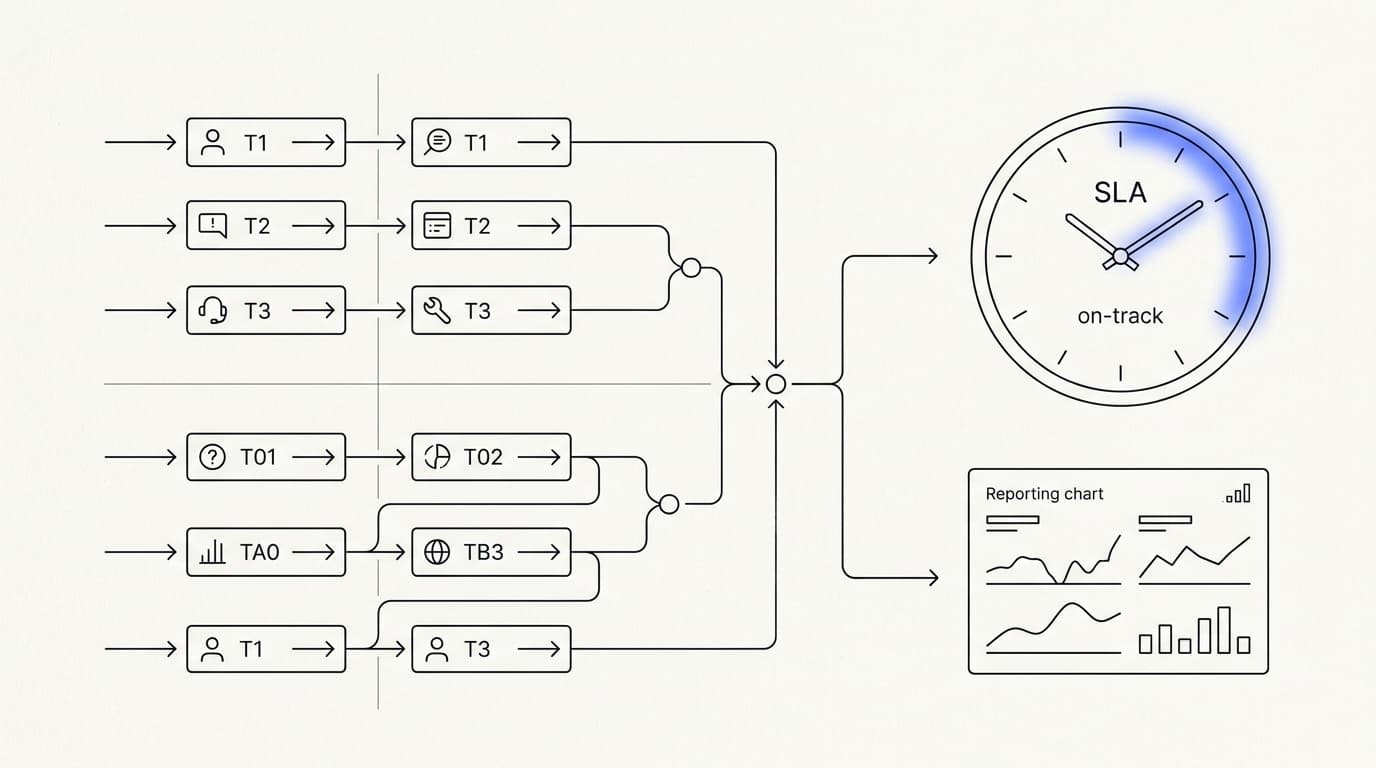 Line-art illustration of a large multi-team support operation using routing, SLAs, and reporting in a full helpdesk