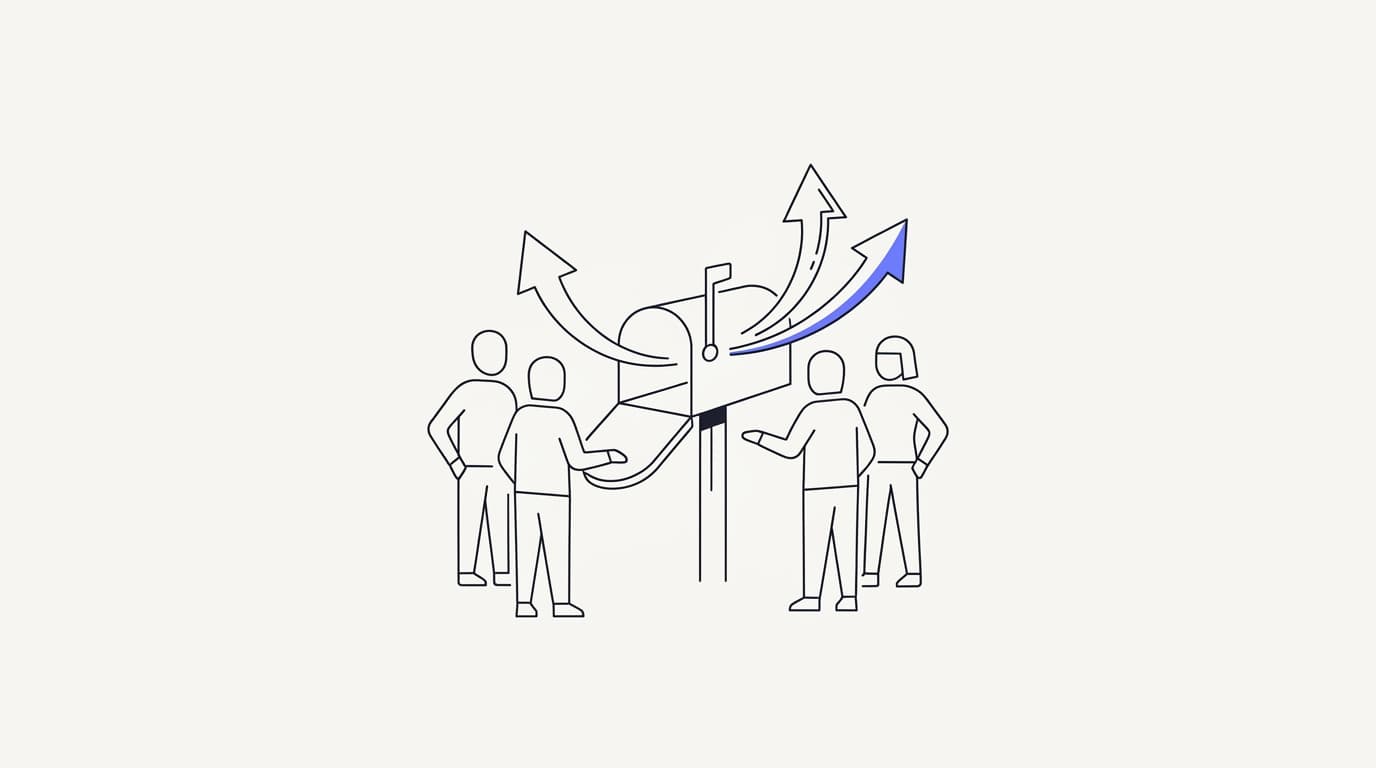 Line-art diagram of a small team collaborating in one shared inbox with fast replies and no ticket ceremony