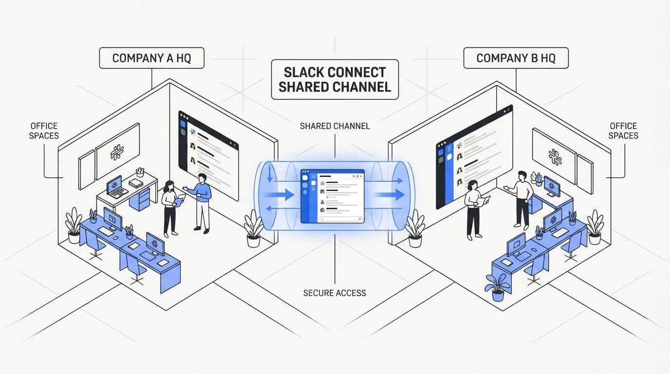 Two company workspaces joined through a Slack Connect shared channel
