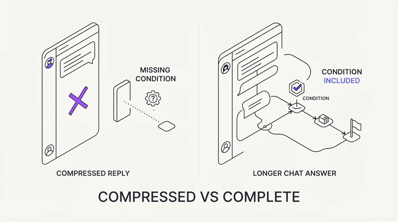 A compressed text reply missing a condition that a longer chat answer would have included