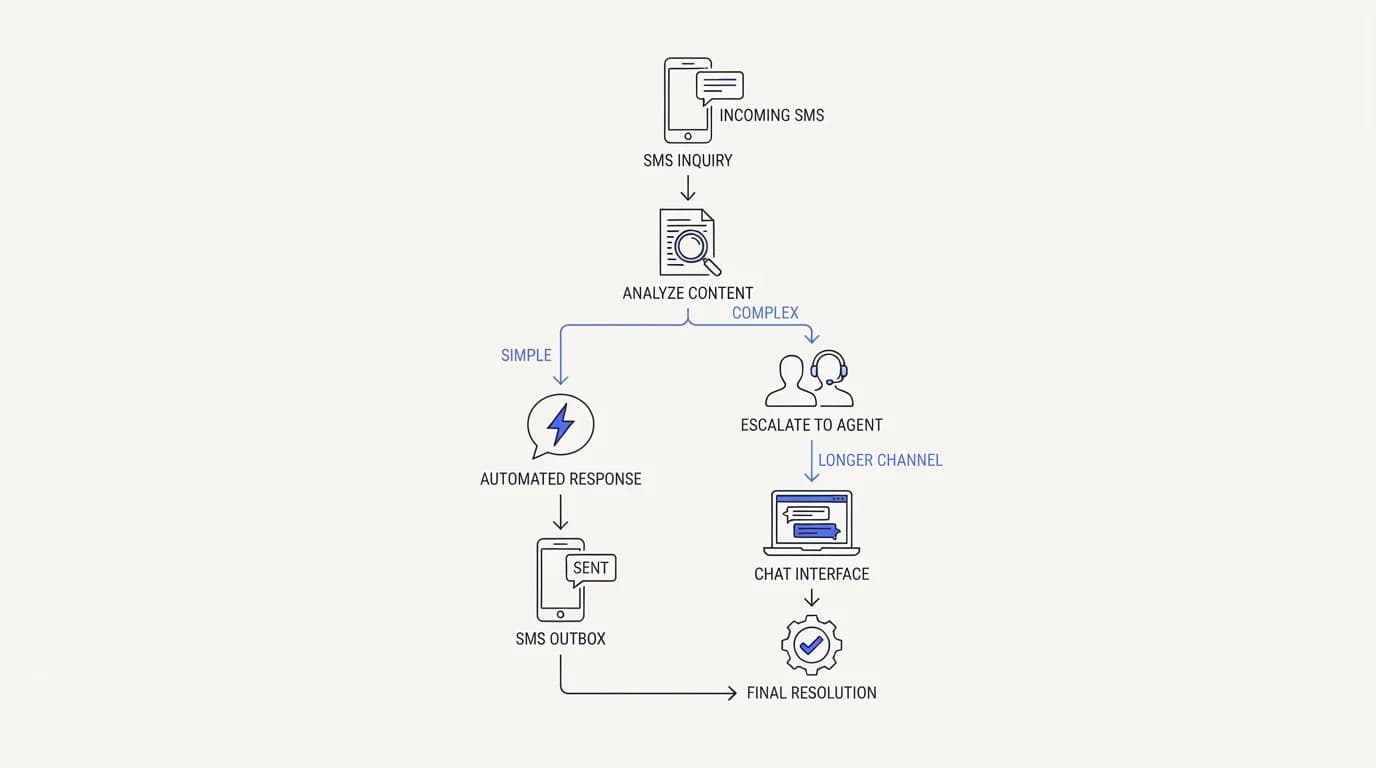 An SMS workflow that checks answer complexity before replying, escalating complex conditional answers to a longer channel