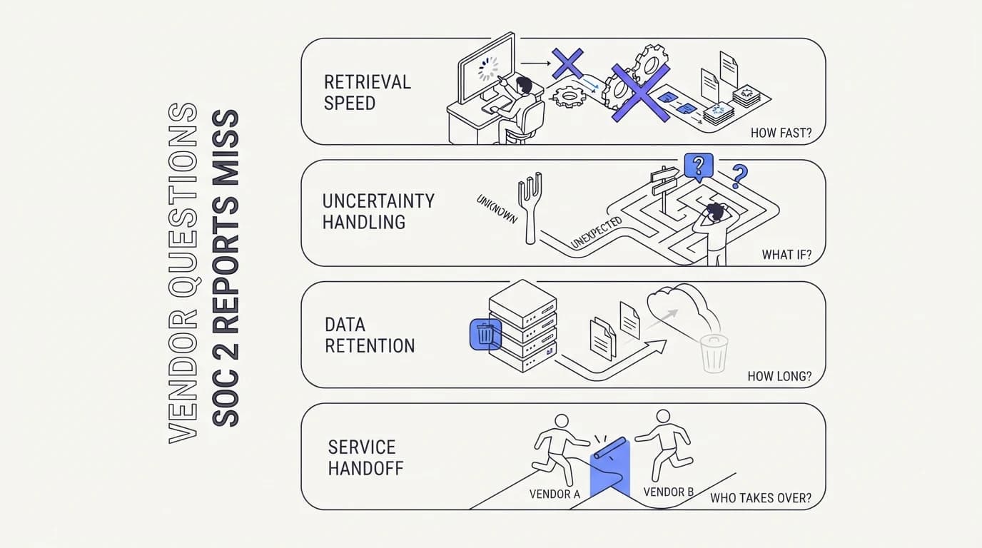 Checklist of four vendor questions a SOC 2 report does not answer, covering retrieval, uncertainty handling, retention, and