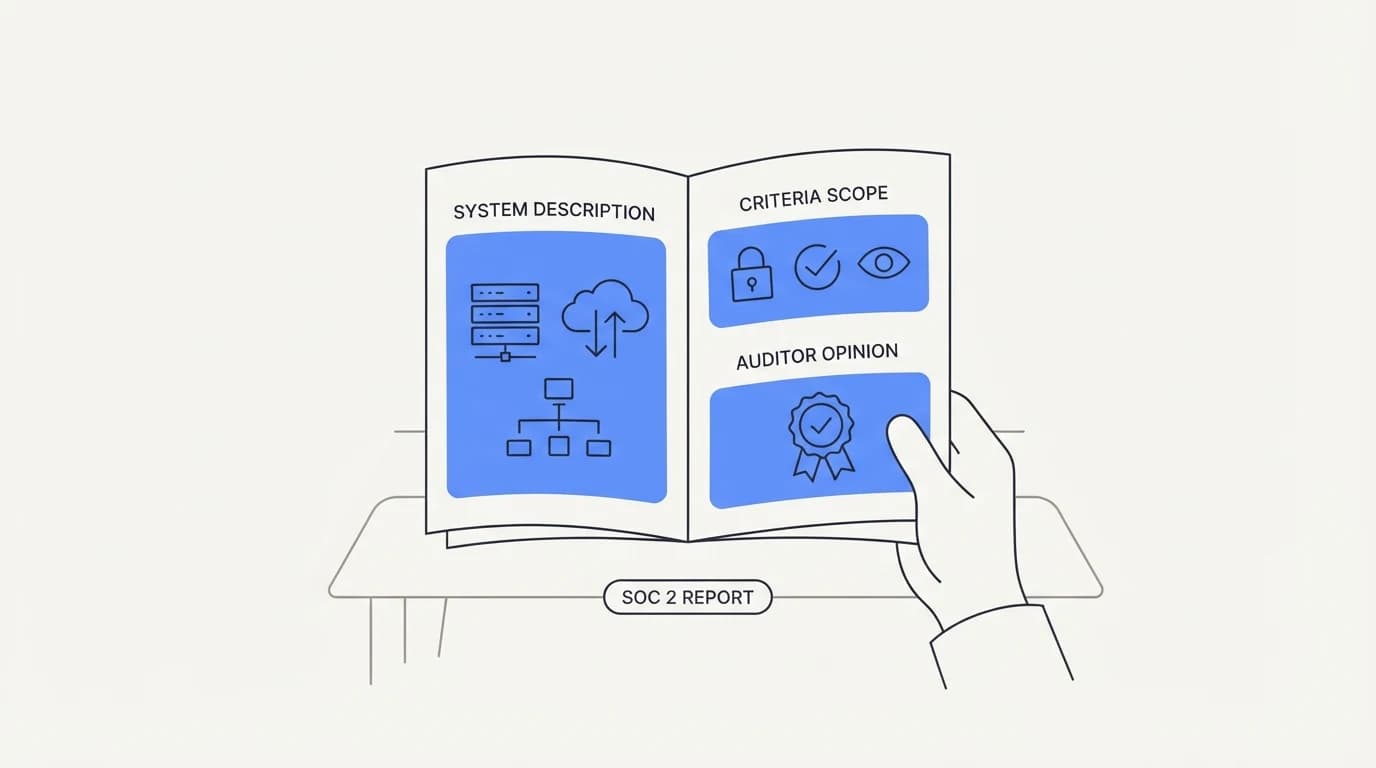 A hand reading a SOC 2 report document with the system description, criteria scope, and auditor opinion sections highlighted