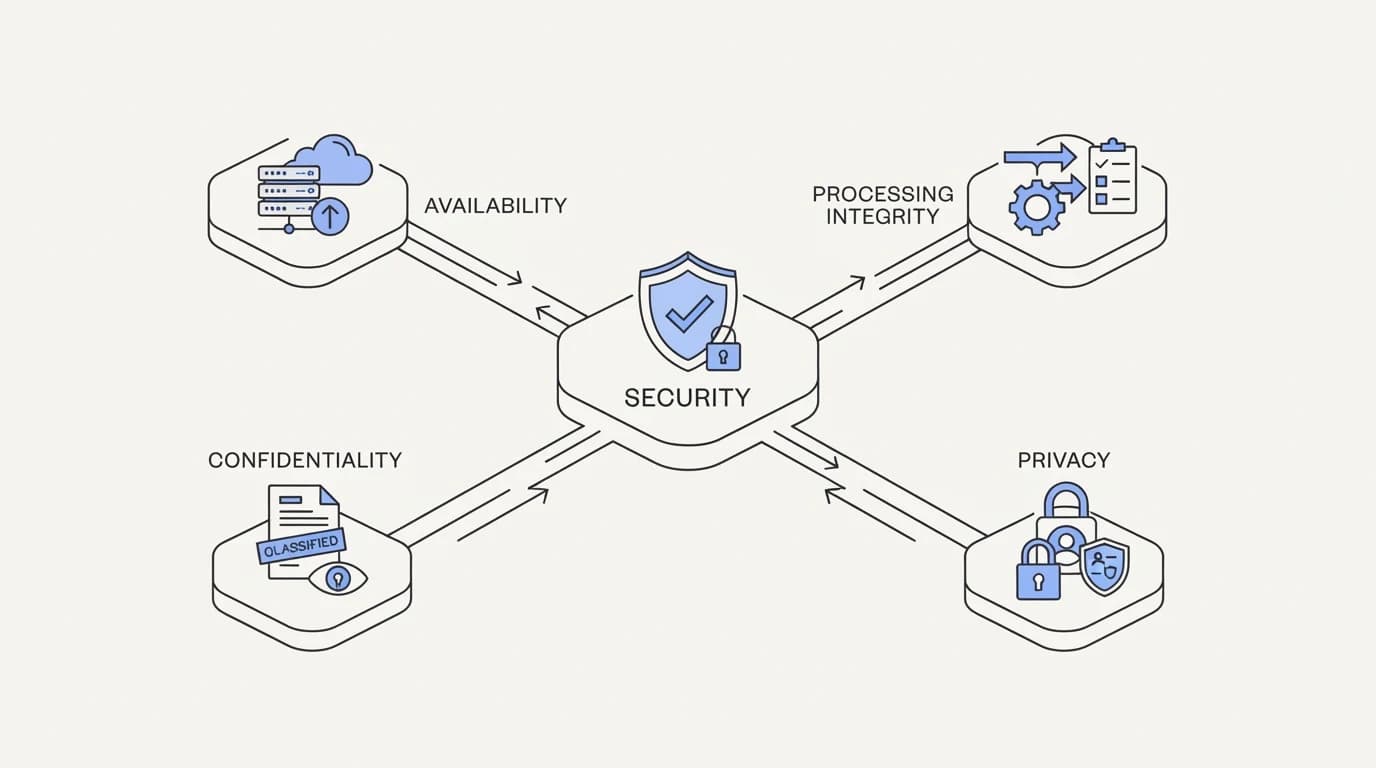 The five SOC 2 trust services criteria with security as the only mandatory category and four optional categories branching