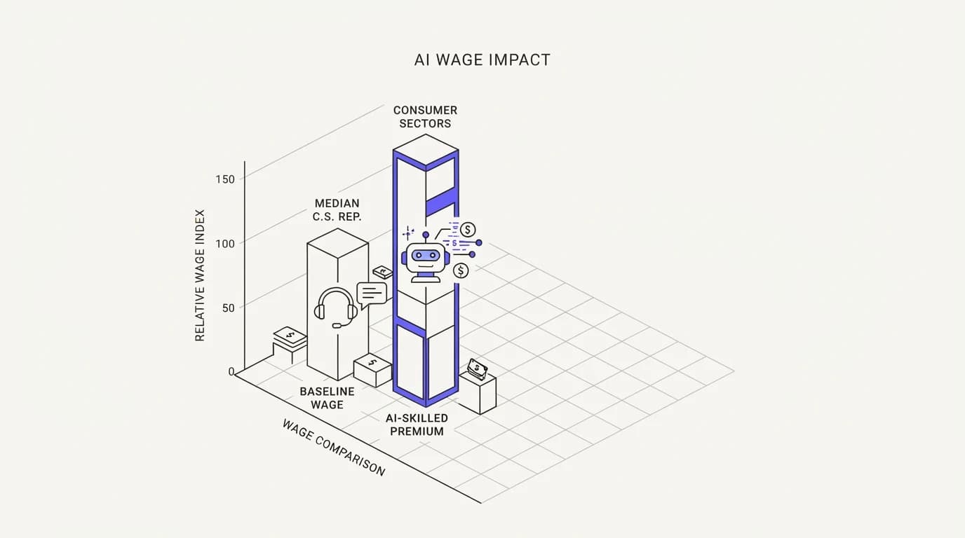 Bar chart comparing the median customer service representative wage against the wage premium PwC measured for AI-skilled