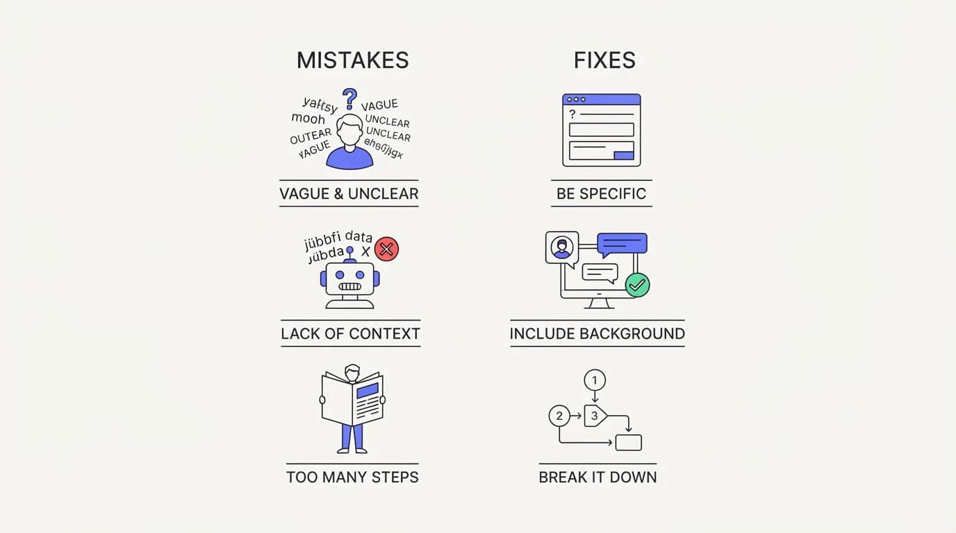 Checklist of common support prompt mistakes next to their fixes