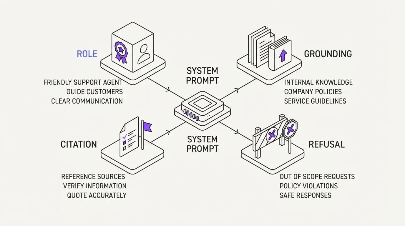 A support agent system prompt split into role, grounding, citation, and refusal blocks