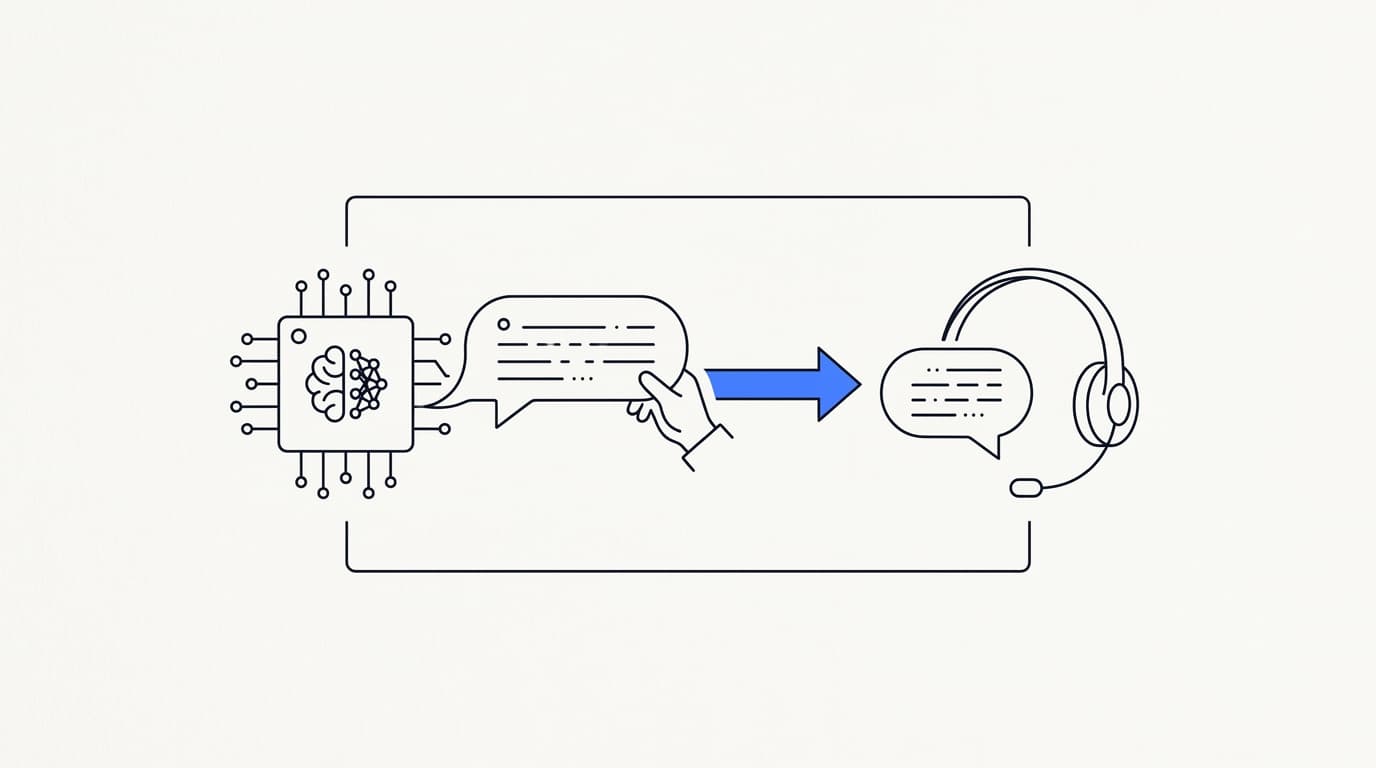 Line-art illustration of an AI agent handing a support conversation to a human in a shared inbox with full context preserved