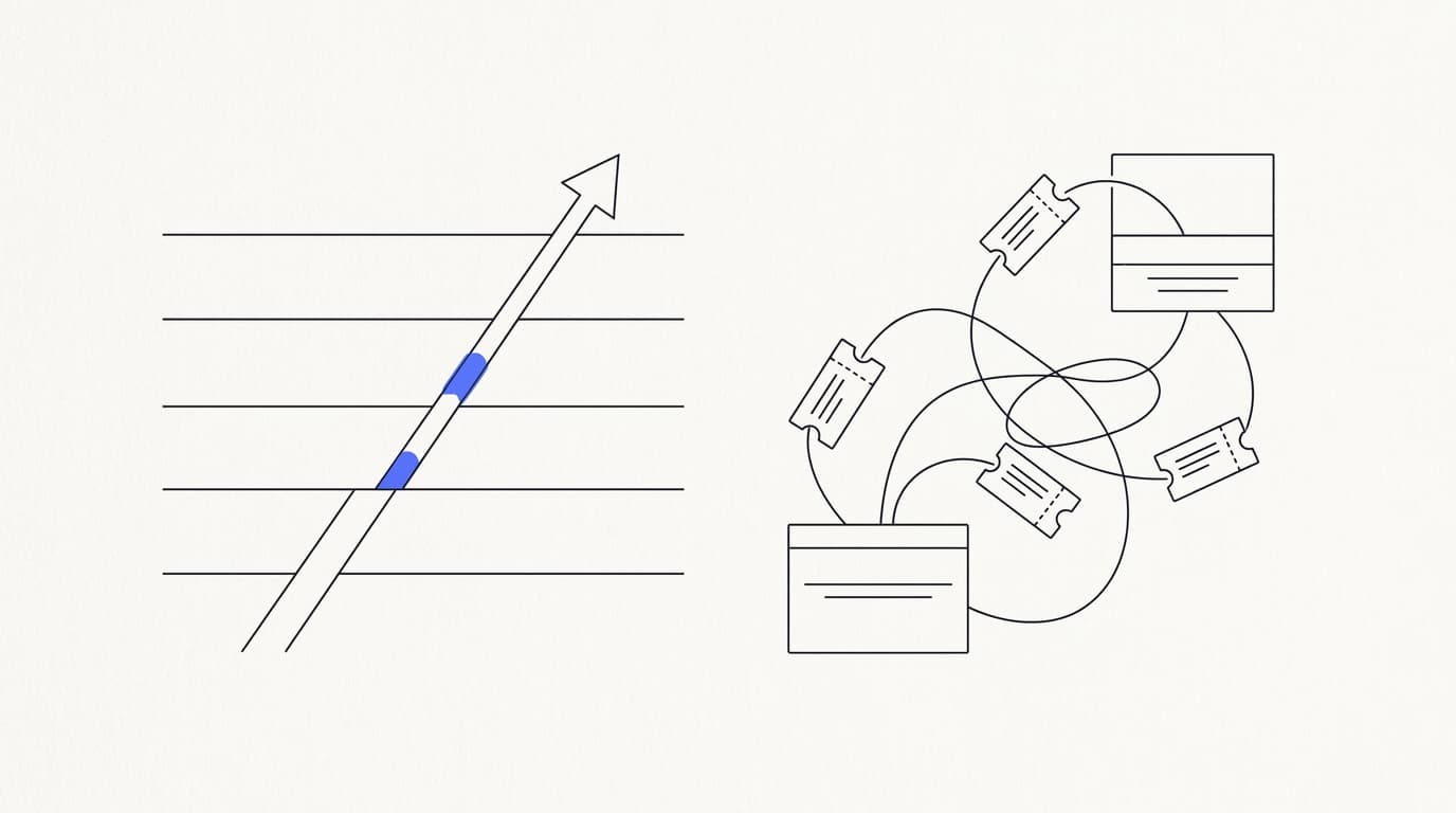 Line-art diagram contrasting a clean forward escalation path against a broken loop where a ticket bounces between tiers