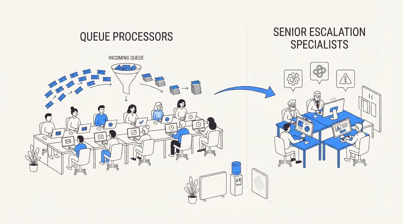 Contrasting a wide team of queue processors with a smaller team of senior escalation specialists