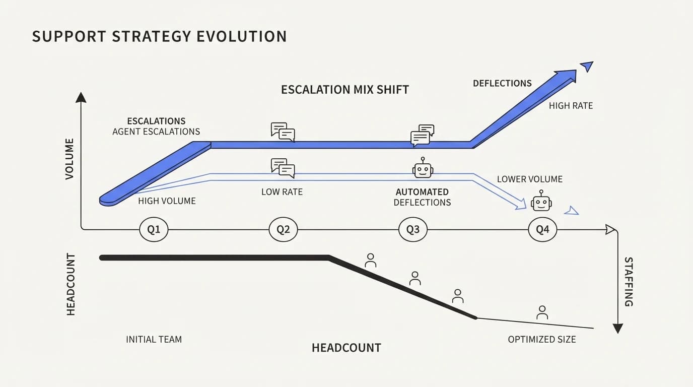 Timeline of four quarters showing headcount and escalation mix shifting as deflection ramps