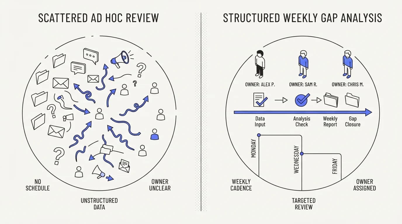 Comparison of a scattered ad hoc review process against a structured weekly gap analysis procedure with named owners