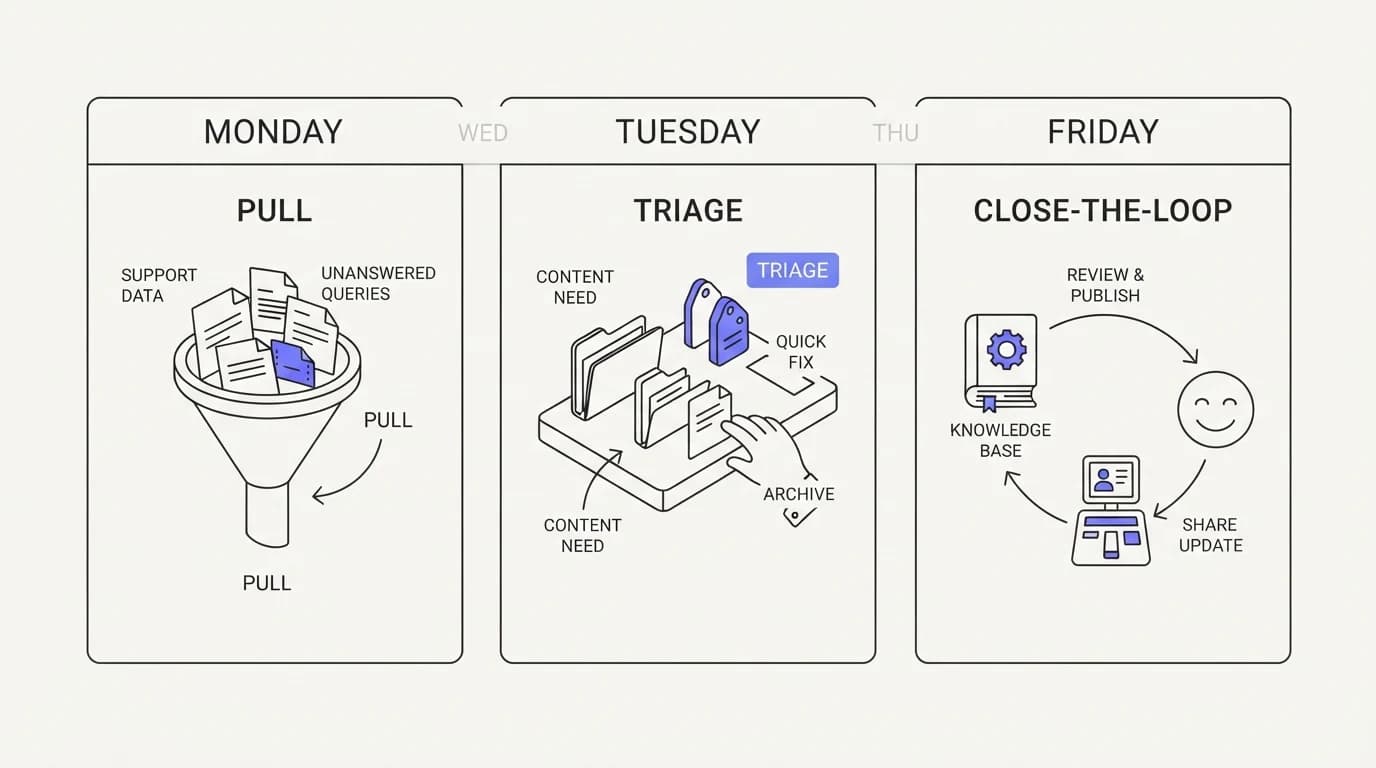 Weekly calendar showing a Monday pull, Tuesday triage, and Friday close-the-loop cadence for a support knowledge gap process