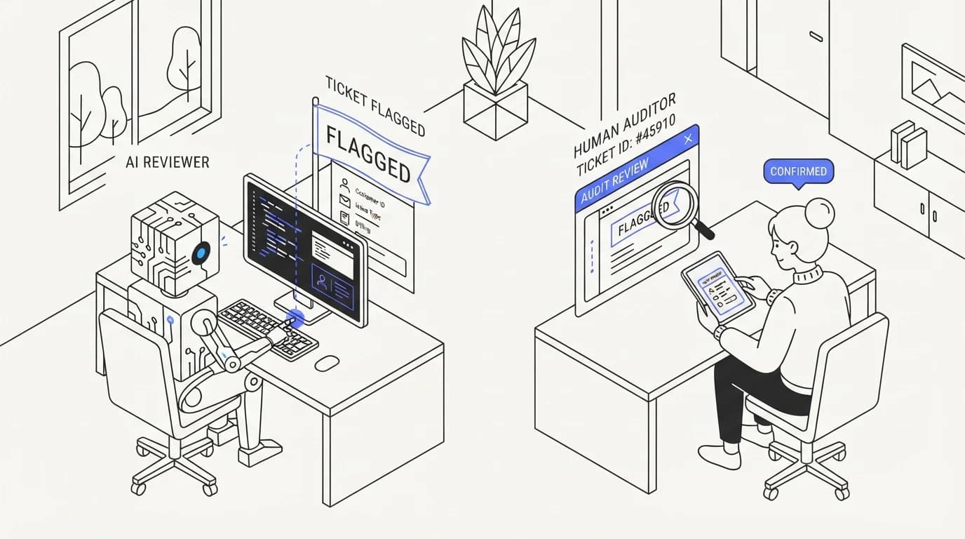 An AI reviewer flagging a support ticket while a human auditor checks the flag