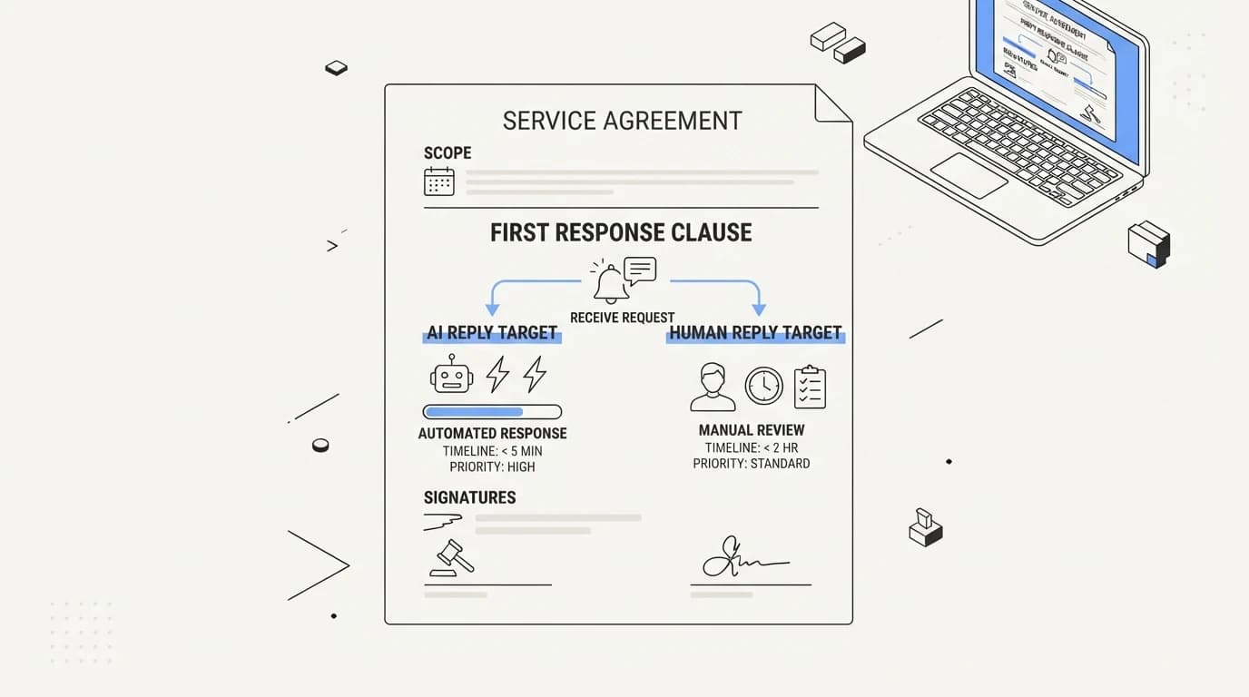 Contract page with the first response clause highlighted, split between AI reply and human reply targets