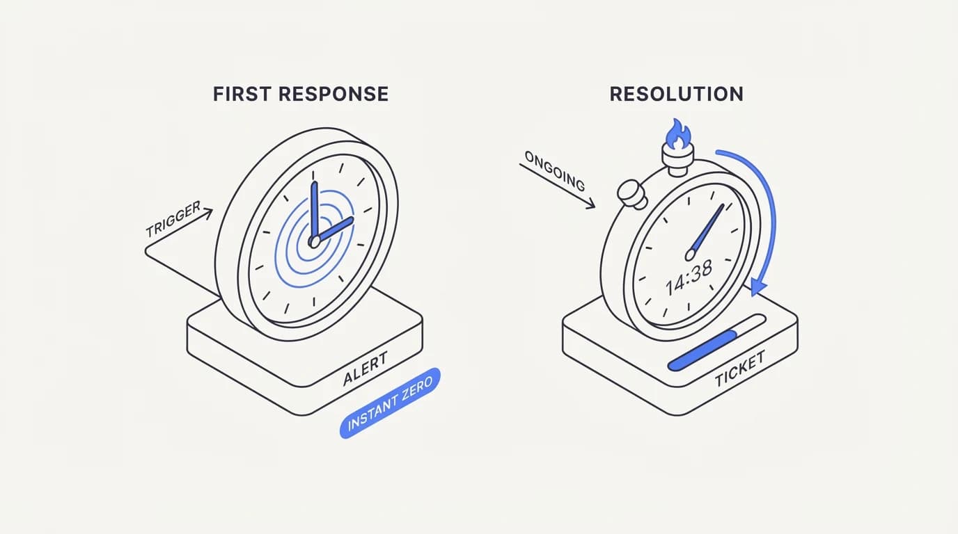 A first response clock hitting zero instantly next to a resolution clock still running