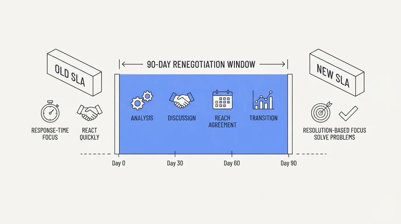 Timeline showing a 90-day renegotiation window between an old response-time SLA and a new resolution-based SLA