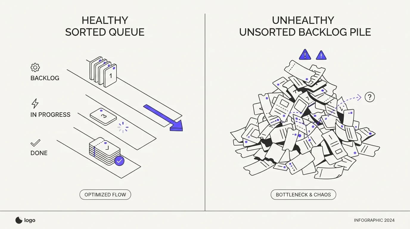 Comparison of a healthy sorted ticket queue against an unhealthy unsorted backlog pile