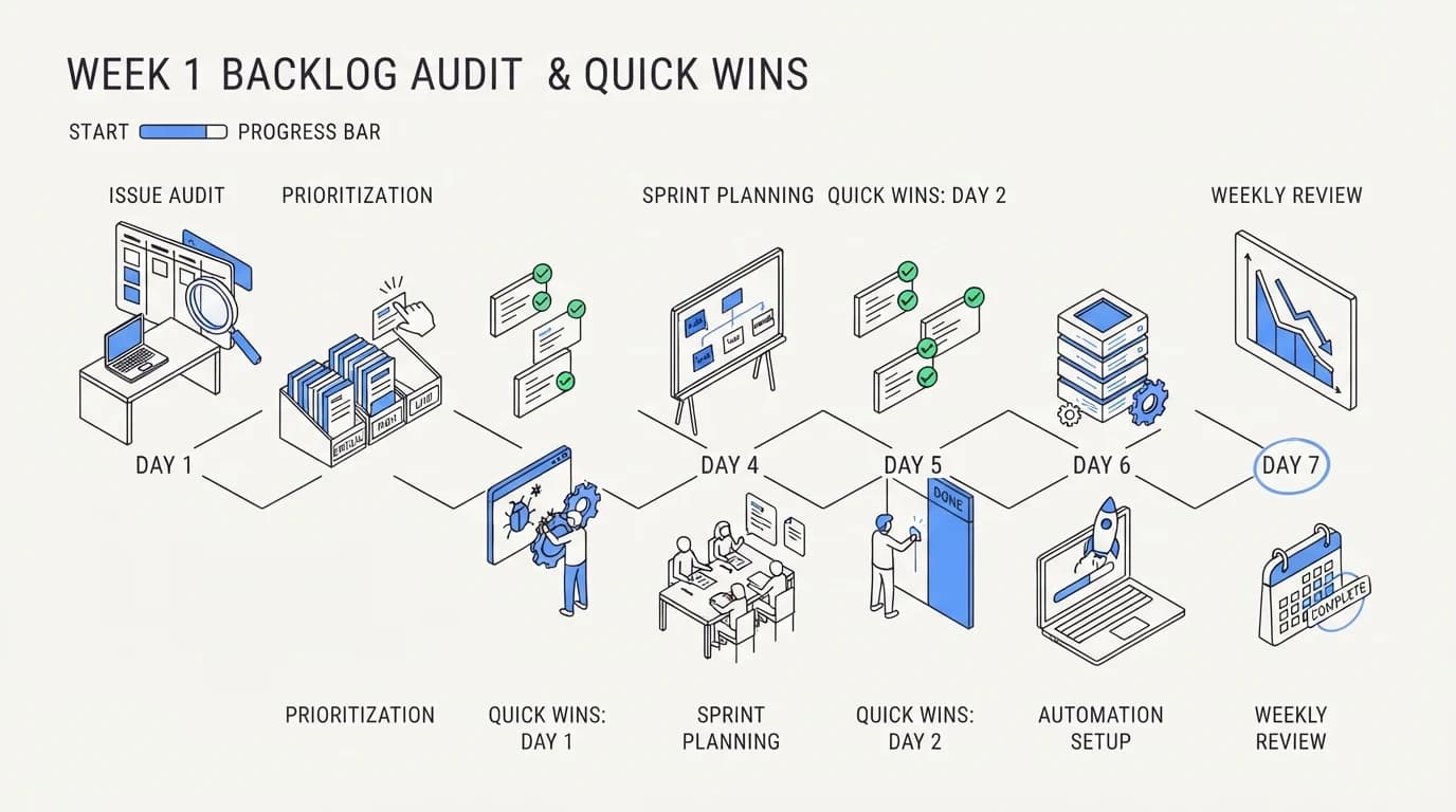 Timeline showing week one of a backlog reduction plan focused on audit and quick wins