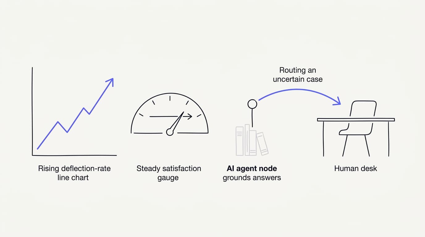 Line-art diagram of an AI agent raising deflection while customer satisfaction stays steady
