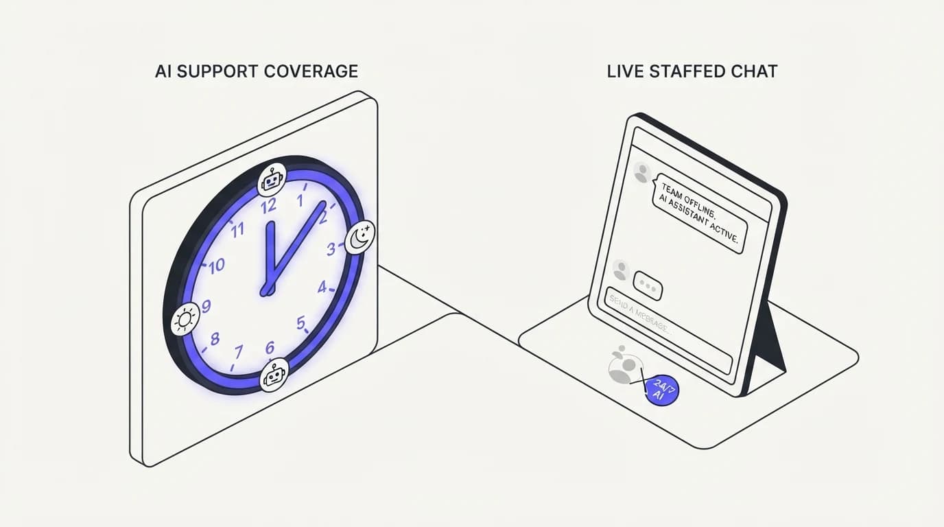 Clock face showing continuous AI coverage overnight next to an empty staffed chat widget during the same hours