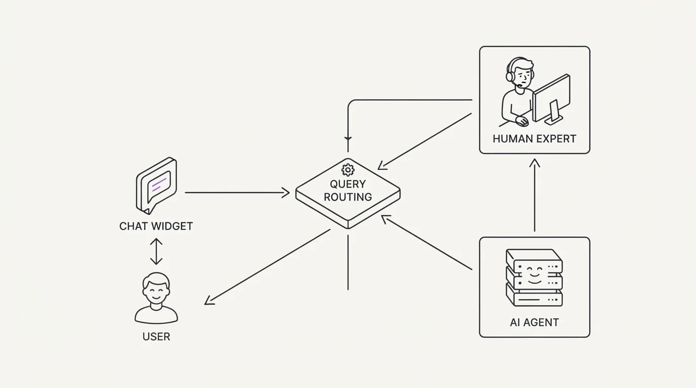 A free chat widget handing repetitive questions to an AI agent and complex ones to a human