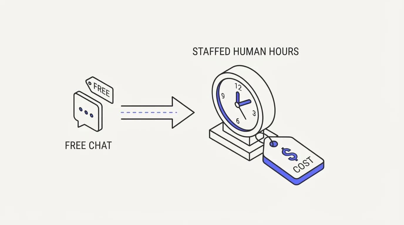 A free chat widget icon connected to a clock counting staffed human hours, with a cost tag on the clock