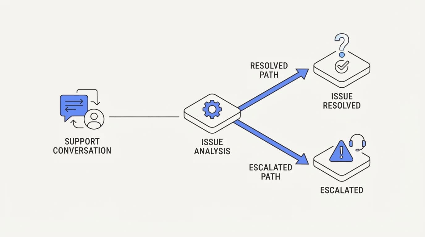 A customer conversation branching into resolved and escalated paths, with a question mark over the resolved label