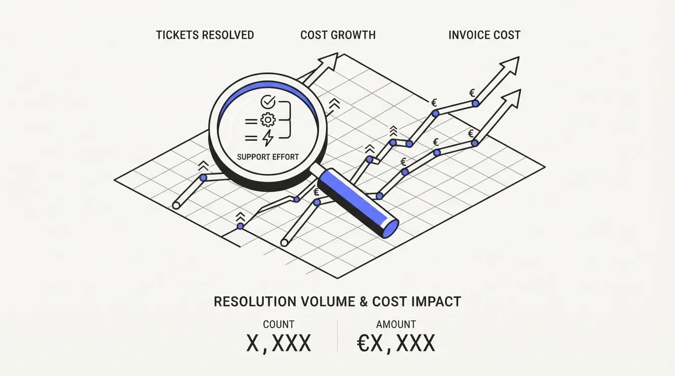 A rising resolution count against a rising invoice, with a magnifying glass over the resolution definition