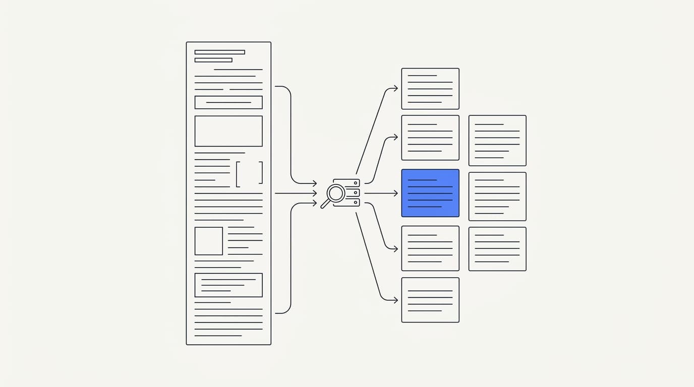 Line-art diagram of a long article split into clean self-contained chunks feeding a retrieval index